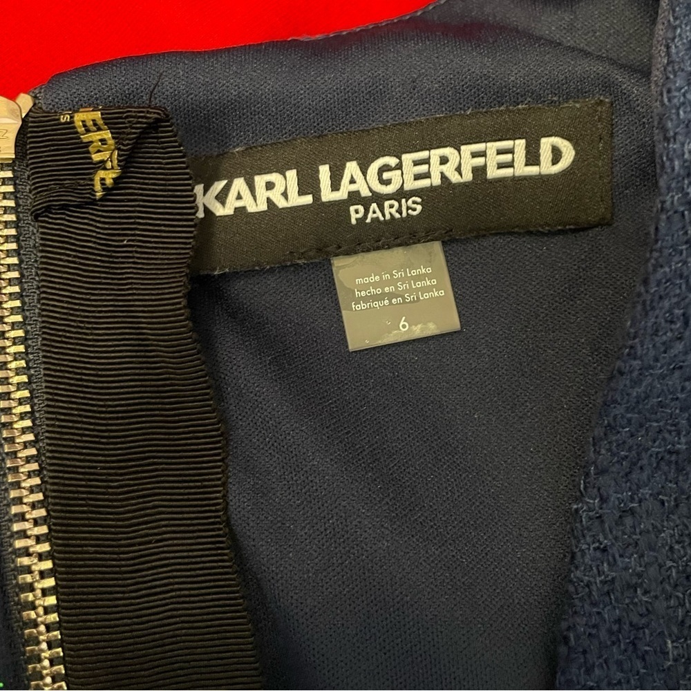 Karl Lagerfeld Paris Navy Solid Tweed Shift Sleeveless Gold Buttons - Picture 4 of 10